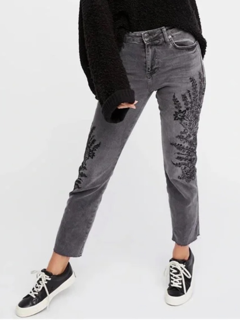 Free People We The Free Gray Embroidered Girlfriend Jeans
